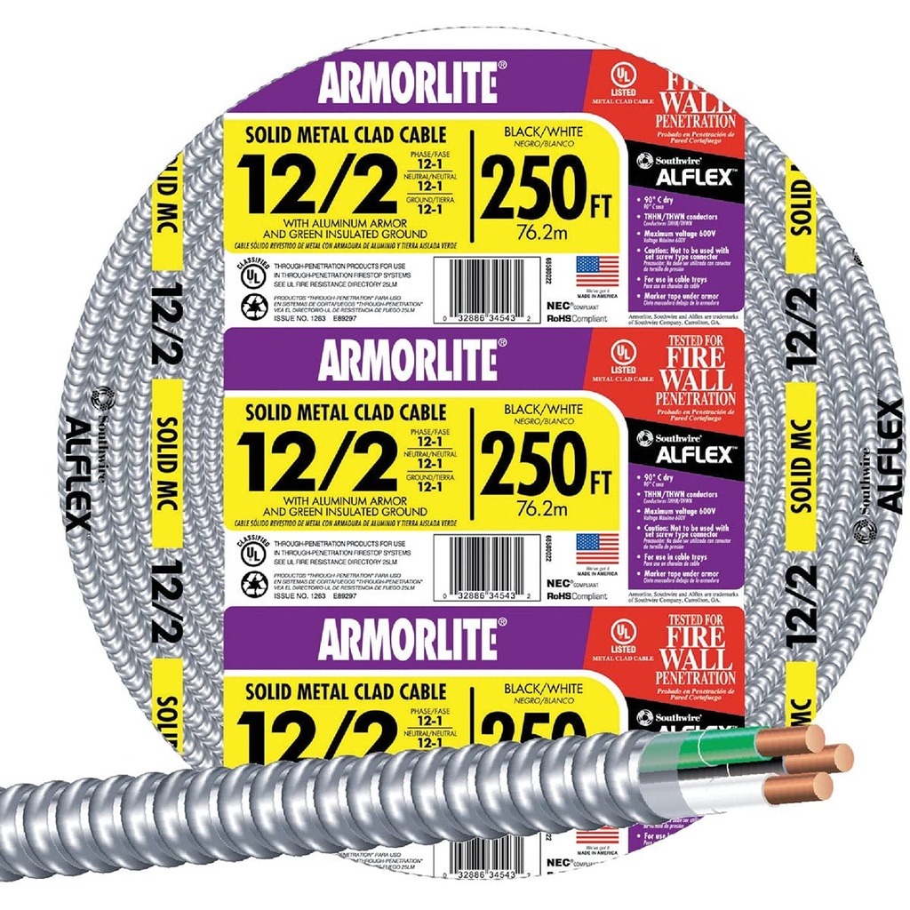 [68580055] 12/2  250 ft Solid CU MC Lite Cable, Aluminum