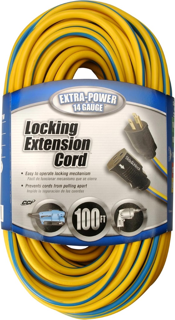 Southwire Medium Duty Extension Cord, 100Ft, 14 Gauge, 3 Conductor, Locking Extension Cord, SJTW, Yellow and Blue