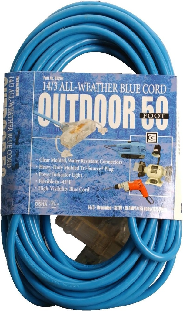 [32688806] Southwire Cold Weather Extension Cord - 14/3 Gauge - 3 Outlets - Remains Flexible to -45°F - Fluorescent Blue Vinyl Jacket for High Visibility B002CGRLGQ