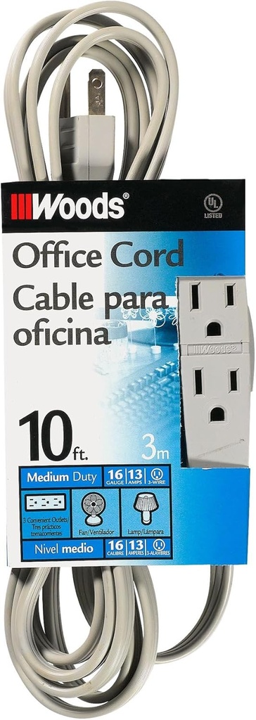 B007E8G1CC SOUTHWIRE 16/3 10 ft 3-Outlet Extension Cord, Gray, Indoor Use, 5607