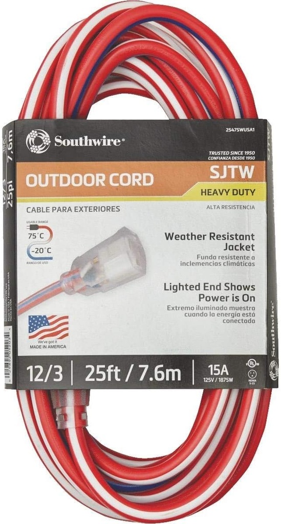 12/3 25 Ext Cord Lighted End Red White